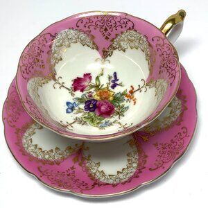 Vintage Japanese Porcelain Fine Bone China Teacup & Saucer Pink Gold Floral